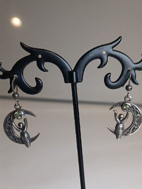 🌙 Celtic Moon Goddess Moldavite Earrings Sterling Silver Magic Spiritual Unique